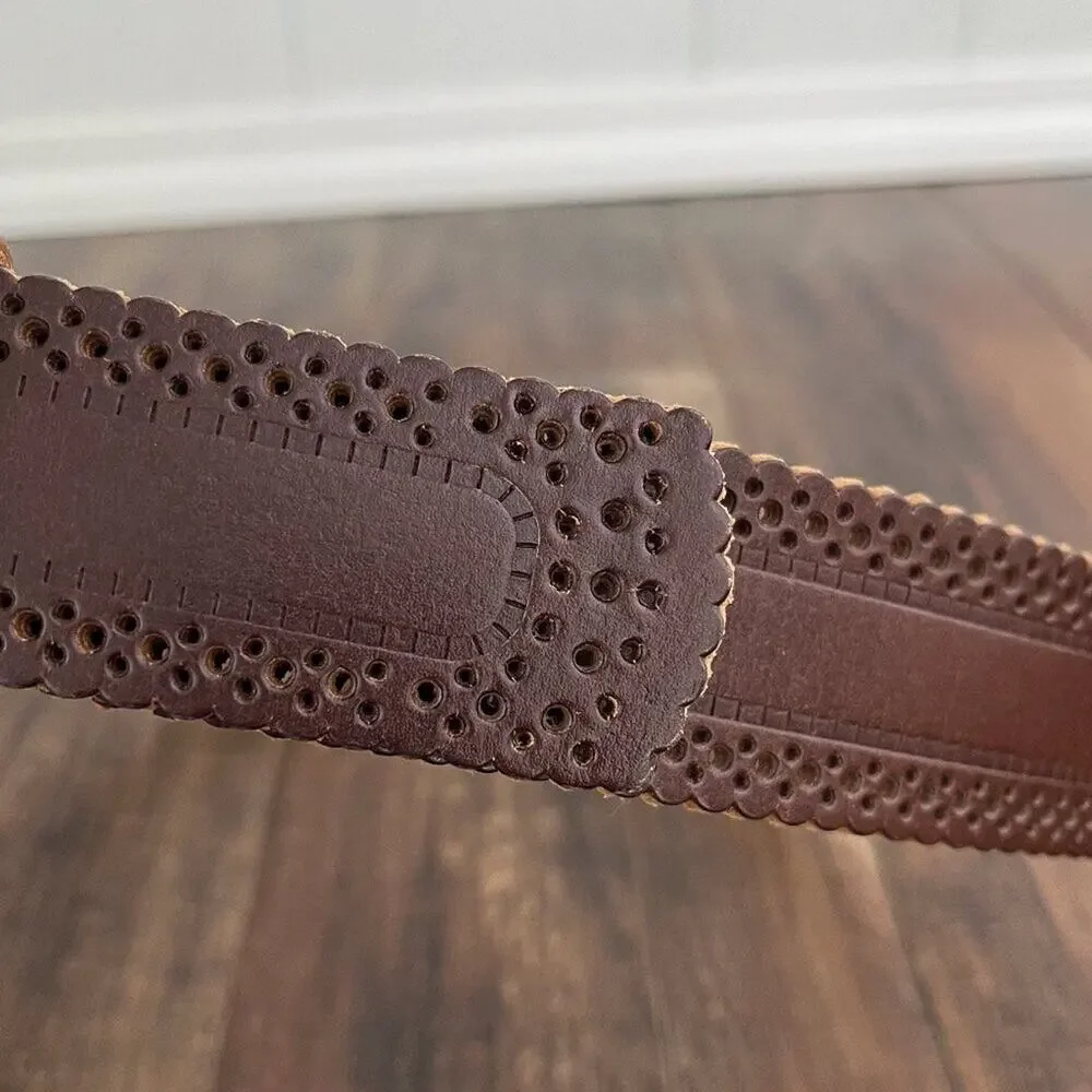 Laser Cut Belt Scallop Edge Bonded Leather Solid Brass Buckle Size Medium Brown